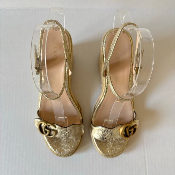 Gucci Aitana GG Marmont Espadrille Platform Wedge Heel Sandals Gold Size EU 37.5 - Picture 13 of 13